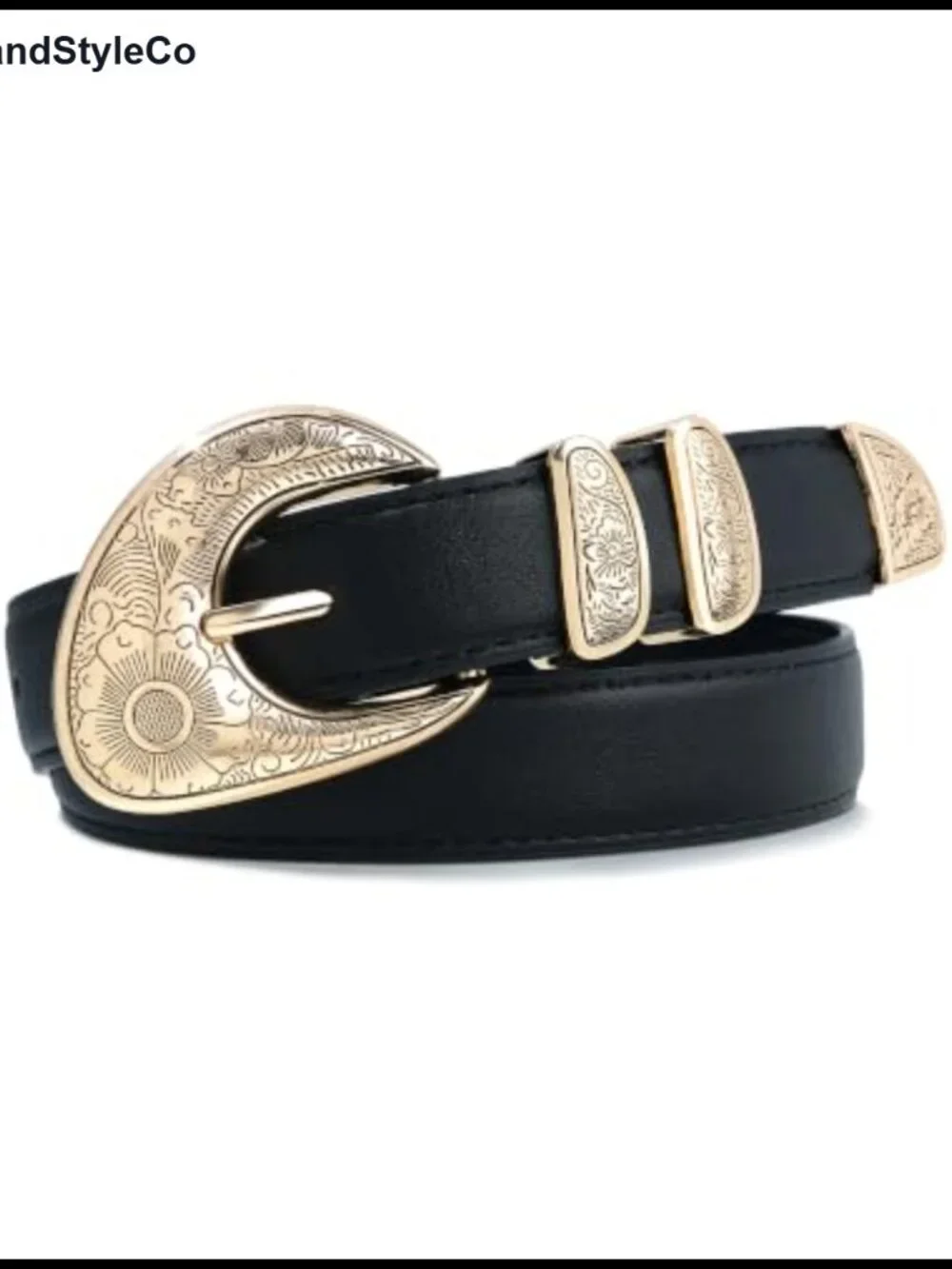 Women's Faux Leather Belt with Floral Engraved Gold Buckle